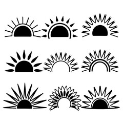 Sun rise set, sunset vector icons, sunburst rays collection	