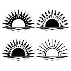 Sun rise set, sunset vector icons, sunburst rays collection	