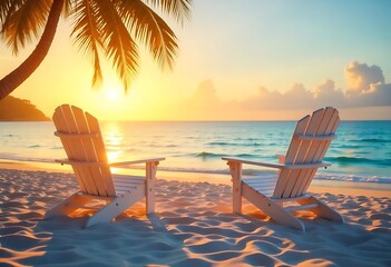 Two beach chairs at sunset on tropical beach