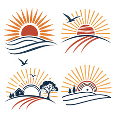 Sun rise set, sunset vector icons, sunburst rays collection	