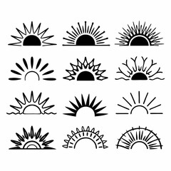 Sun rise set, sunset vector icons, sunburst rays collection	