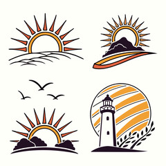 Sun rise set, sunset vector icons, sunburst rays collection	