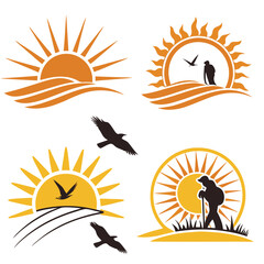 Sun rise set, sunset vector icons, sunburst rays collection	