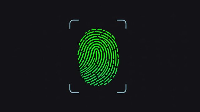 A green fingerprint scan sits centered in a dark field between a lightblue square border