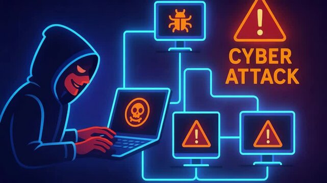 A vivid illustration of a cyber attack scenario, showcasing the hacker's perspective with multiple warning signs on computer screens and a dramatic neon style.