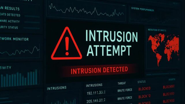 A high-tech cybersecurity interface displaying an intrusion attempt warning. The digital screen features red alert symbols and data analytics highlighting security breaches.