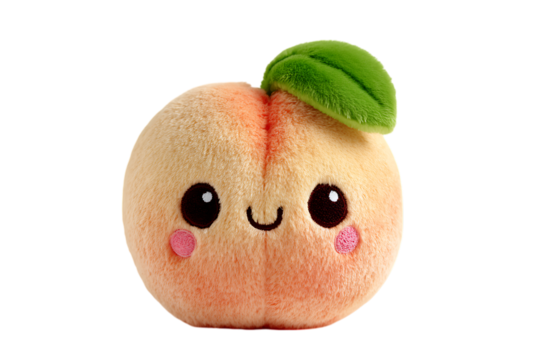 Cute plush peach toy with happy face.