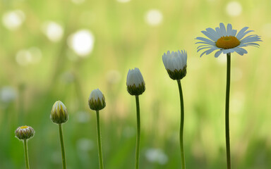 Chamomile flower stages of growth in a beautiful green field.