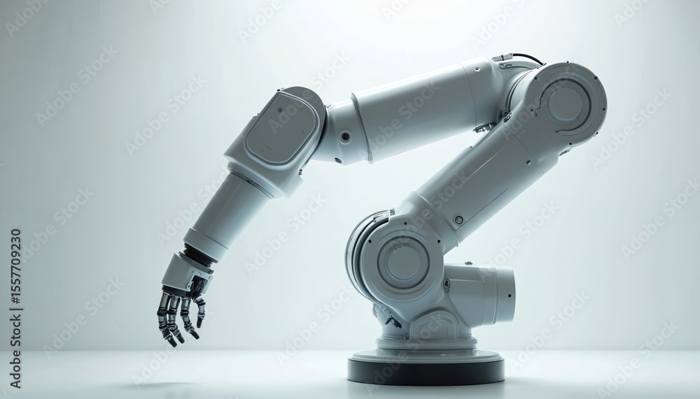 Poster modern robotic arm industrial machine. tech automation, engineering assembly line in factory. innova