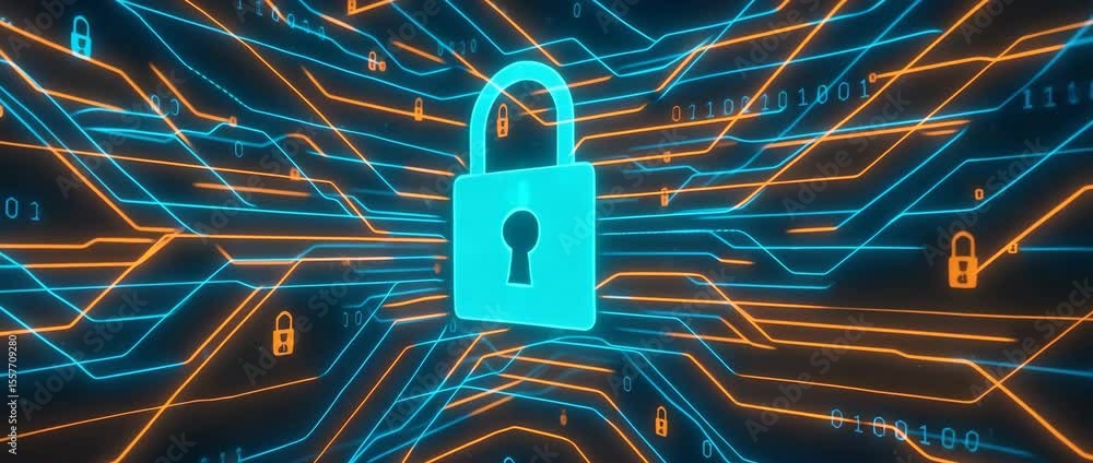 Poster a vibrant digital representation of a locked padlock amidst a network of data circuits, symbolizing 