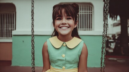 Cheerful Girl Smiling on Swing Set in Vintage Dress at Park