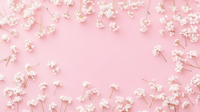 Pretty White Baby's Breath Flowers Frame on Pink Background