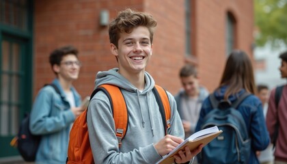 Teenage student smiles holding book, outside high school building. Students blurred background. Teenager shares notes, ideas with friends. Youth culture, education, friendship, community. Education,