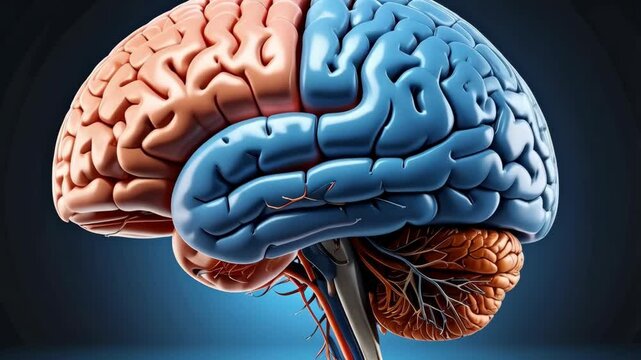 Anatomical brain illustration featuring differentiated left and right hemispheres and detailed brainstem with arteries on dark background.