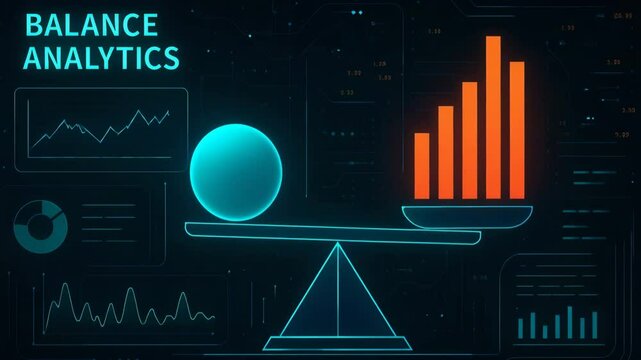 A visual representation of balance in analytics, featuring data graphs and a scale. This image signifies the importance of data analysis and decision-making in business.