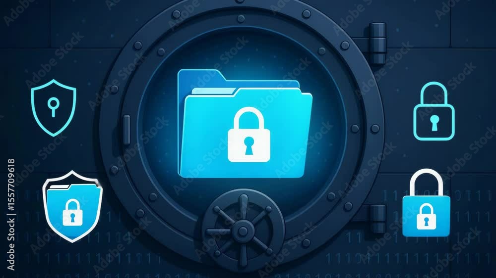 Poster a digital illustration showcasing a secure vault with locked folders, symbolizing data protection an
