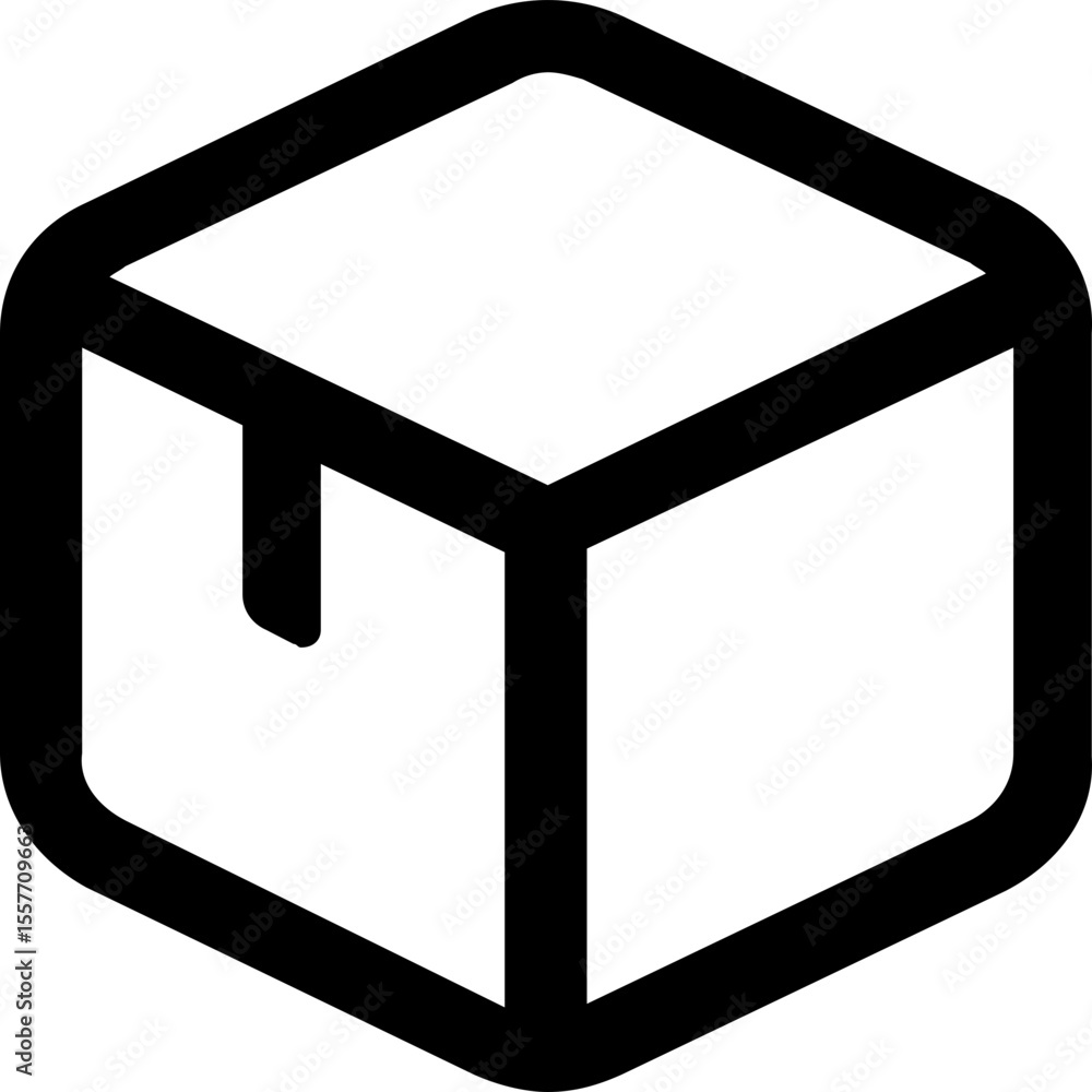 Aufkleber illustration of a simple cube with rounded edges and a small tag on the side in black outline