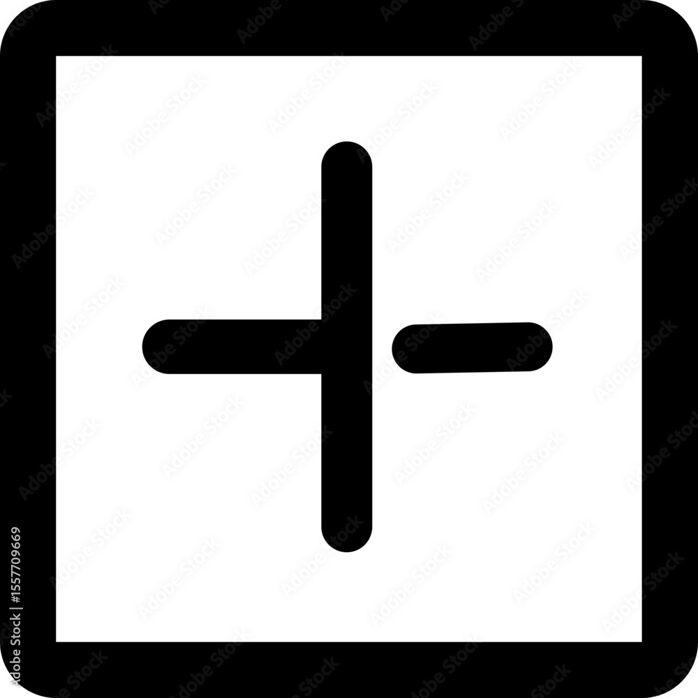 Poster a square containing a plus symbol with a shortened right arm in black and white design icon