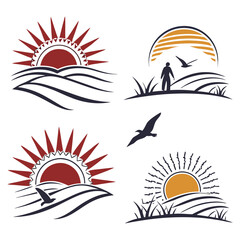 Sun rise set, sunset vector icons, sunburst rays collection	