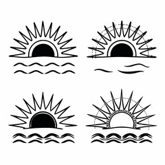 Sun rise set, sunset vector icons, sunburst rays collection	