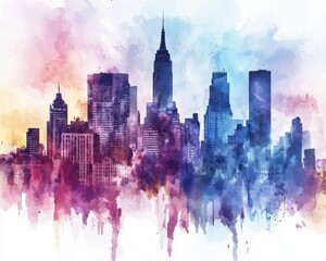 Watercolor Cityscape. Artistic Silhouette of Urban Skyline with Vibrant Hues