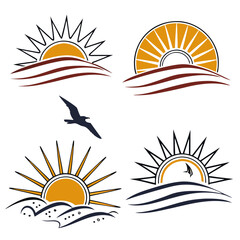 Sun rise set, sunset vector icons, sunburst rays collection	