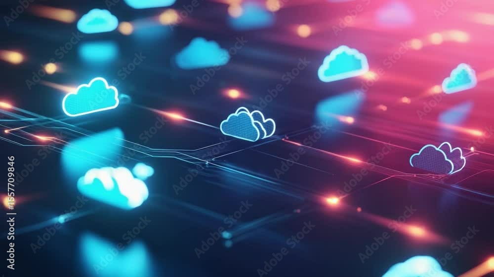 Aufkleber Cloud Computing Network: Digital clouds float across a network, illuminated with vibrant lights representing connectivity and technological advancement, signaling the future of data management.