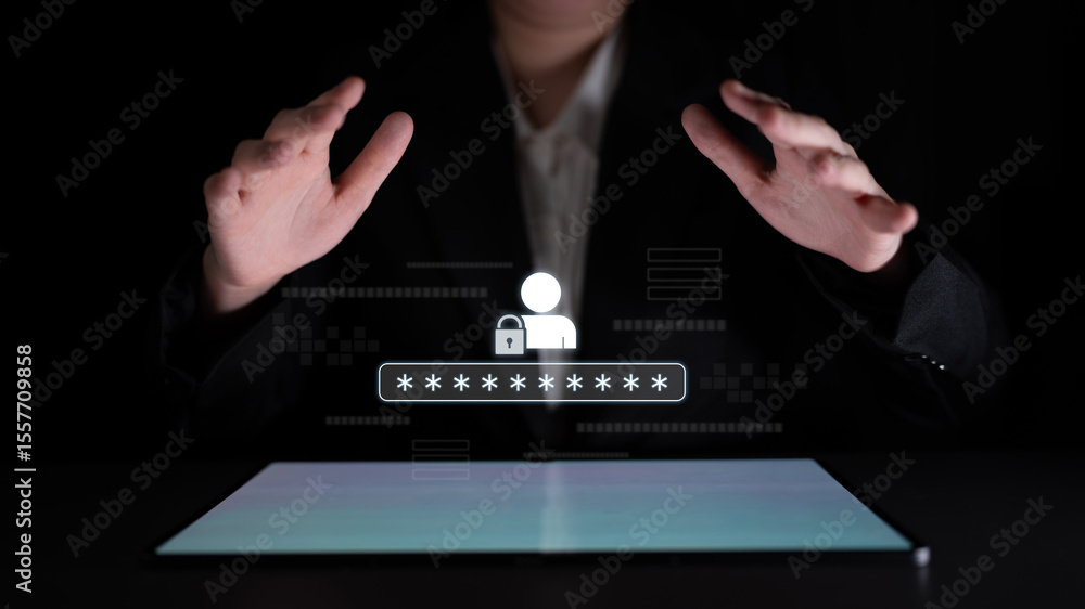 Poster user authentication and password protection concept showing secure login, privacy safeguard, data pr