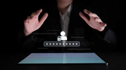 User authentication and password protection concept showing secure login, privacy safeguard, data...