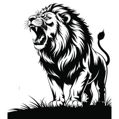 Obraz premium Roaring lion silhouette with acacia tree in dramatic black and white digital illustration