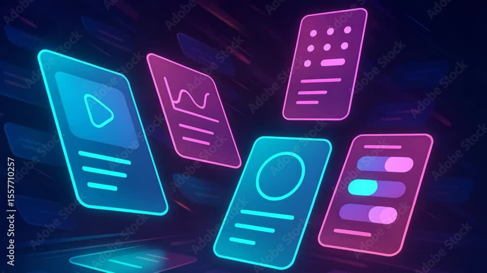 Aufkleber a vibrant digital interface showcasing modern data visualization cards in neon colors, perfect for i