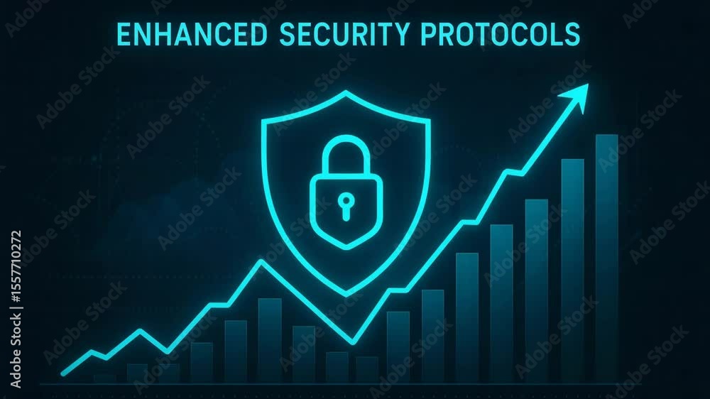 Poster this image illustrates enhanced security protocols, featuring a shield and a rising graph, symbolizi