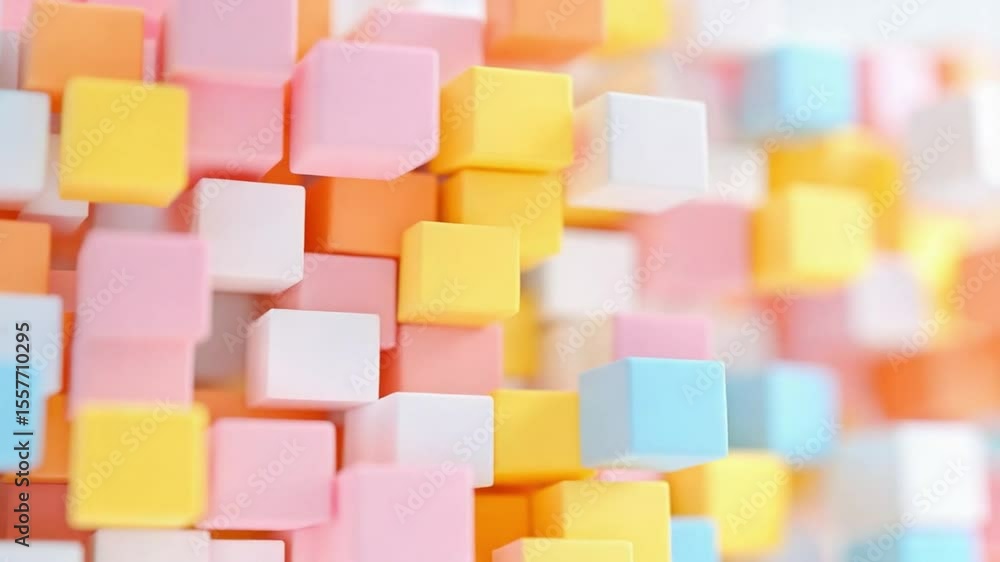 Poster Playful Pastel Cubes: A vibrant composition of pastel-colored cubes artfully arranged, creating a visually engaging and joyful spectacle, offering a cheerful experience.