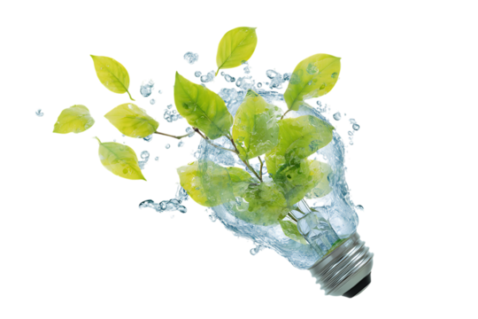 Water, leaves, and lightbulb, eco friendly energy concept.