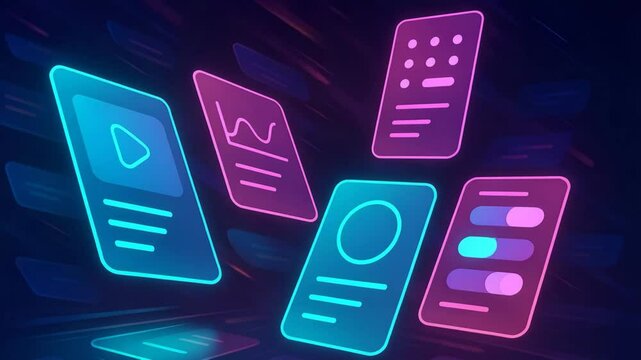 A vibrant digital interface showcasing modern data visualization cards in neon colors, perfect for illustrating concepts in technology and data analytics.