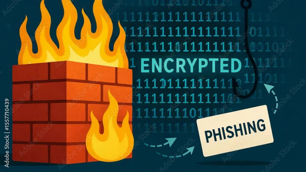 Poster a digital illustration depicting a firewall on fire, symbolizing cybersecurity threats like phishing