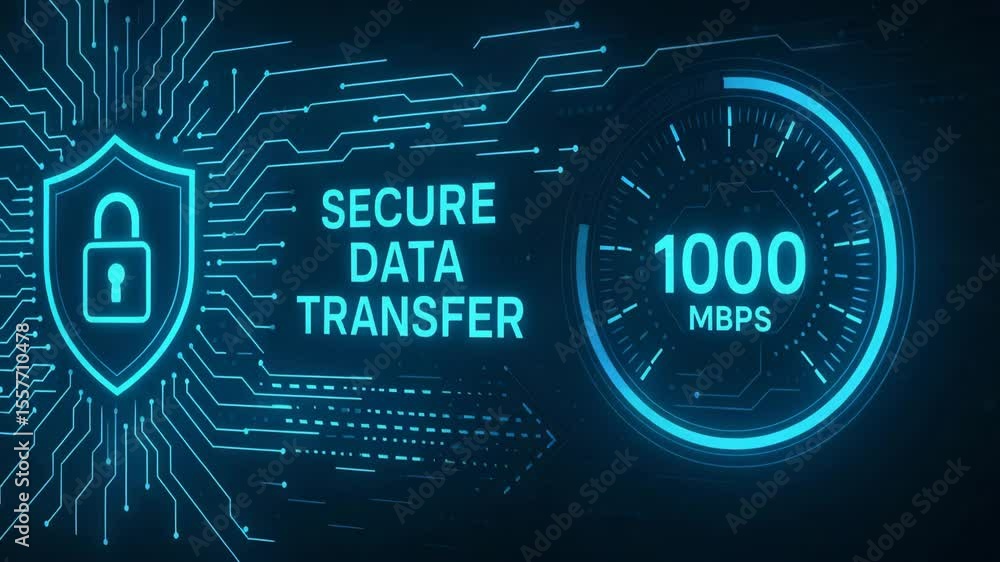 Poster an illustration depicting secure data transfer represented by a shield and fast speed meter