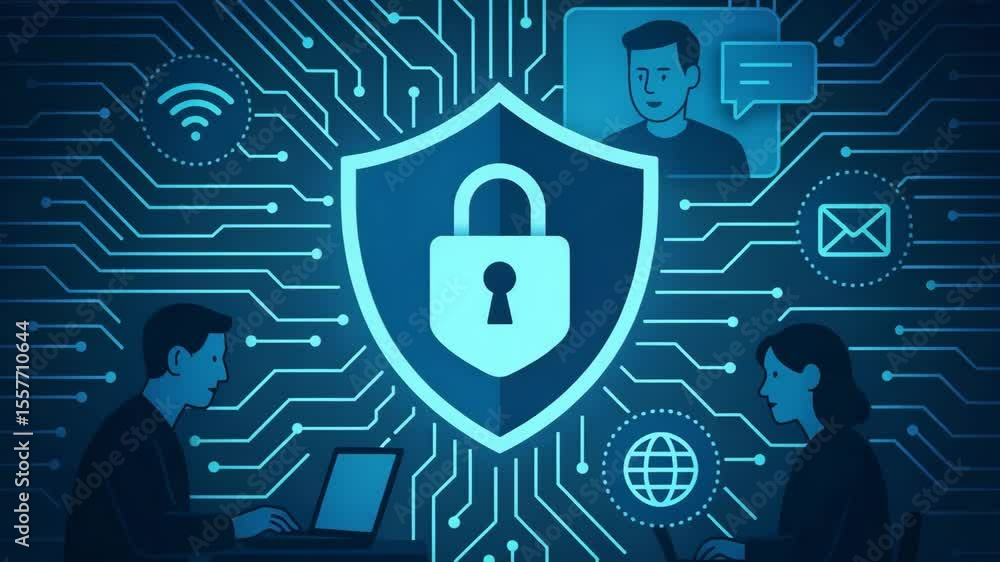 Poster this image illustrates cybersecurity concepts with two individuals working on laptops, surrounded by