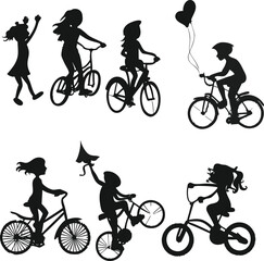 Fototapeta premium Silhouettes of children enjoying bicycle rides with creative and playful activities