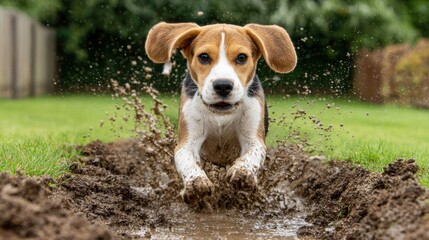 A Beagle jumps and splashes in a muddy puddle, flinging dirt everywhere with enthusiasm, enjoying playtime in the backyard.