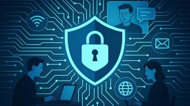 This image illustrates cybersecurity concepts with two individuals working on laptops, surrounded by digital icons representing protection, privacy, and online communication.