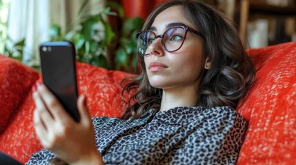 Pensive young woman holding smartphone and looking away while relaxing on couch at home, beautiful female deep in thoughts using mobile phone in domestic interior, thinking and planning something