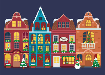 Vector illustration of european winter town. Flat design. Old houses.