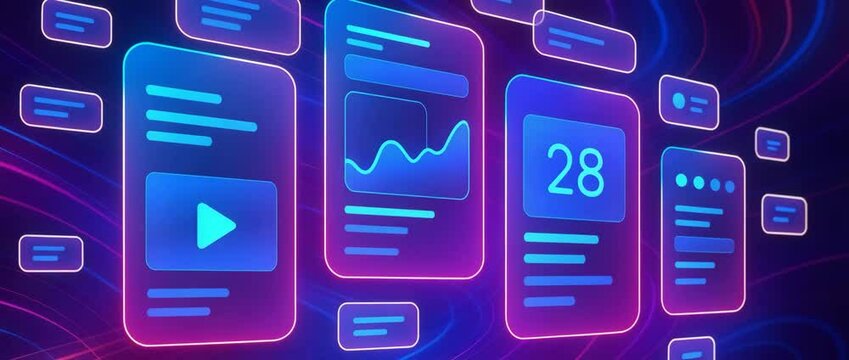 Vibrant digital interface with various application screens displaying data visualizations, multimedia options, and interactive elements for a modern technological experience.