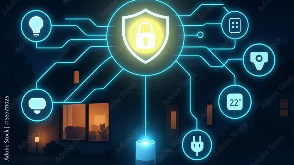 Poster a digital representation of a secure smart home ecosystem with connected devices. the image highligh