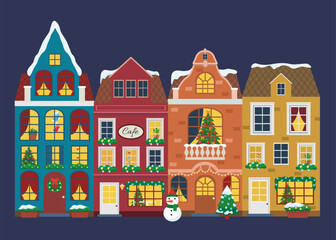 Vector illustration of european winter town. Flat design. Old houses.
