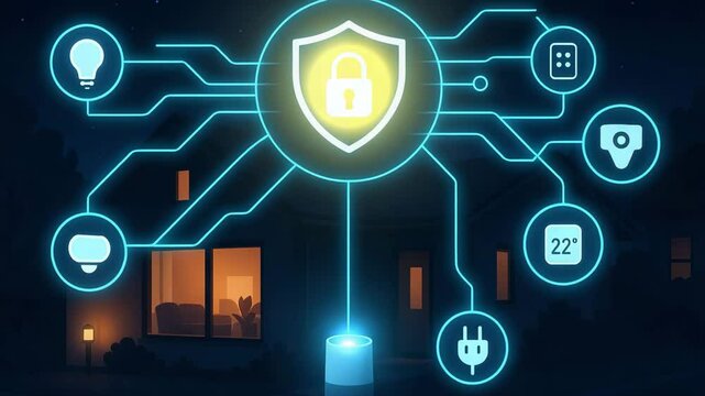A digital representation of a secure smart home ecosystem with connected devices. The image highlights features like security, energy management, and automation for modern living.