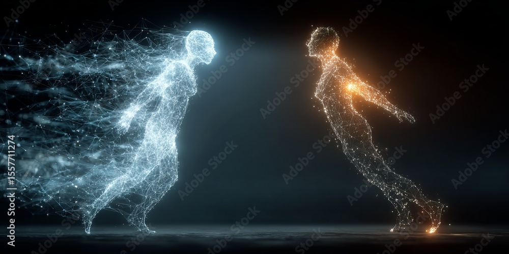 Poster two abstract human figures made of glowing digital particles and lines facing each other in a dark s