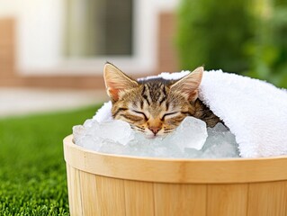 A tabby kitten sleeps in a wooden bucket filled with ice, covered with a white towel, resting peacefully on a summer day.