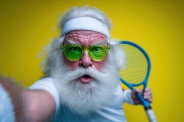 A humorous and emotionally cool grandfather with a grimace is exercising while holding equipment and taking a photo, embodying body care, healthcare, weight loss, gaming, coaching, championship, and